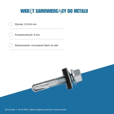 Wkręt samowiercący do metalu 5,5x24 mm, przewiercalność 8 mm, EPDM, 250 szt. – ocynk bez lakieru